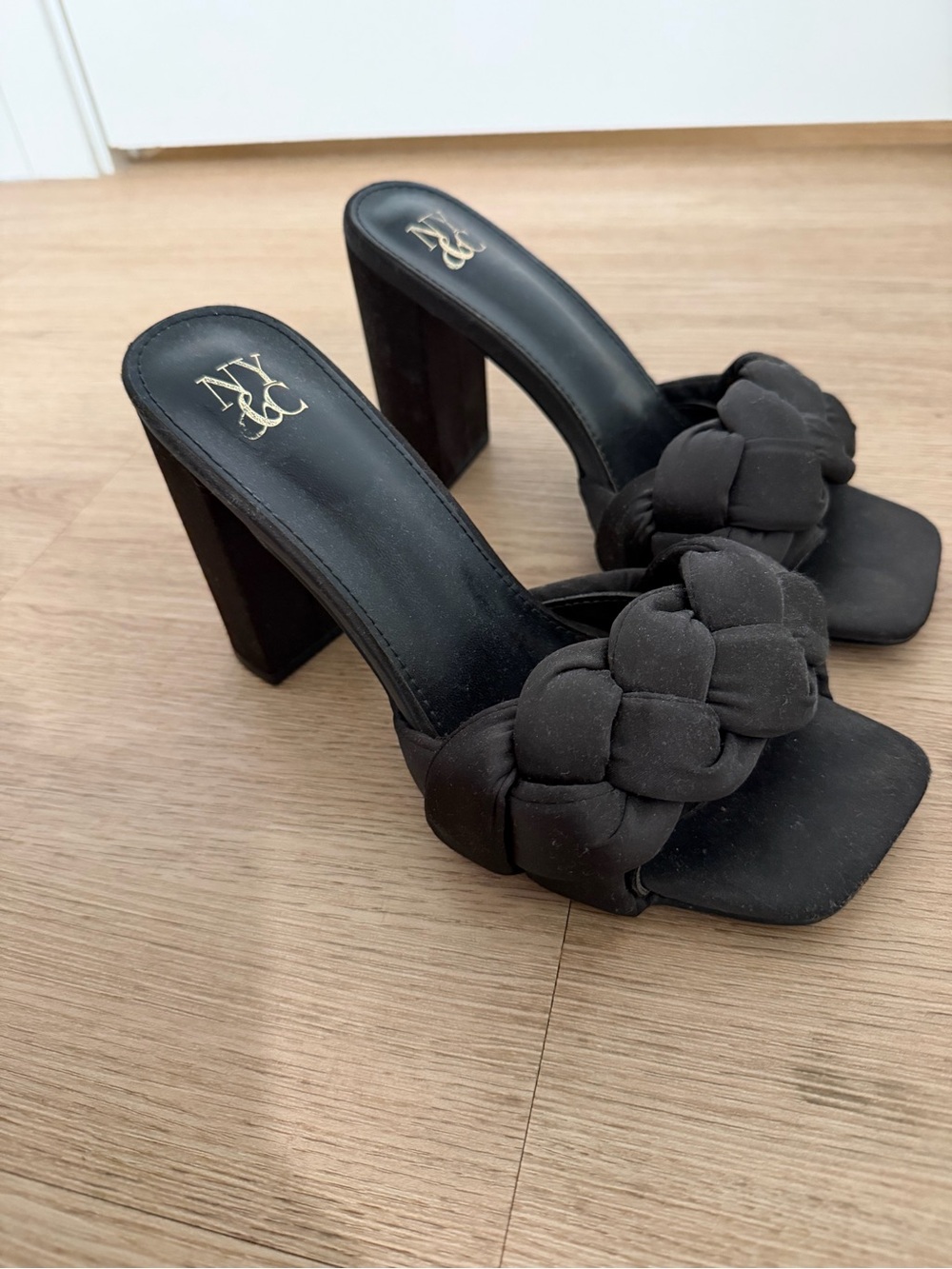 New York & Company Black Braided Block Heel Slides